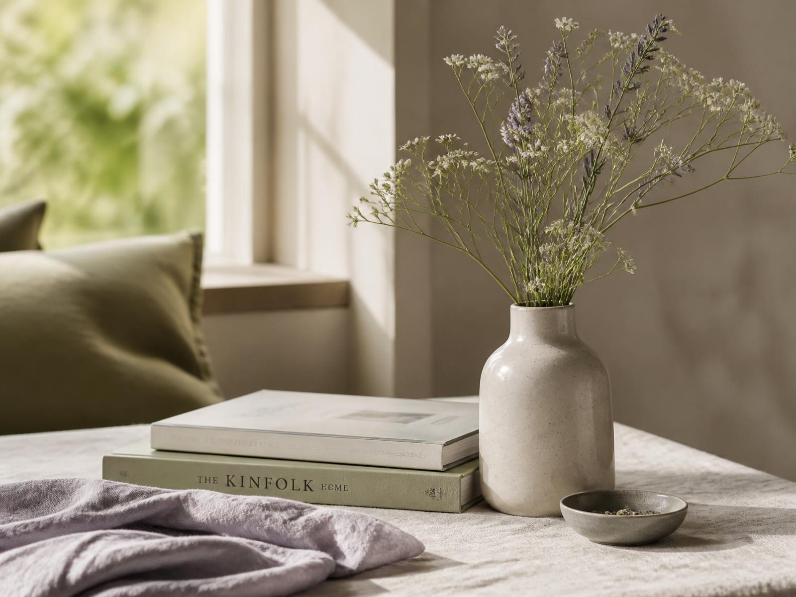 Wildflowers in a ceramic vase beside books and linen in soft window light